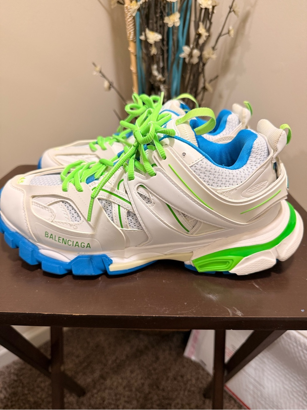 Balenciaga Track White Sneakers with Blue and Neon Green Details Men’s size 11